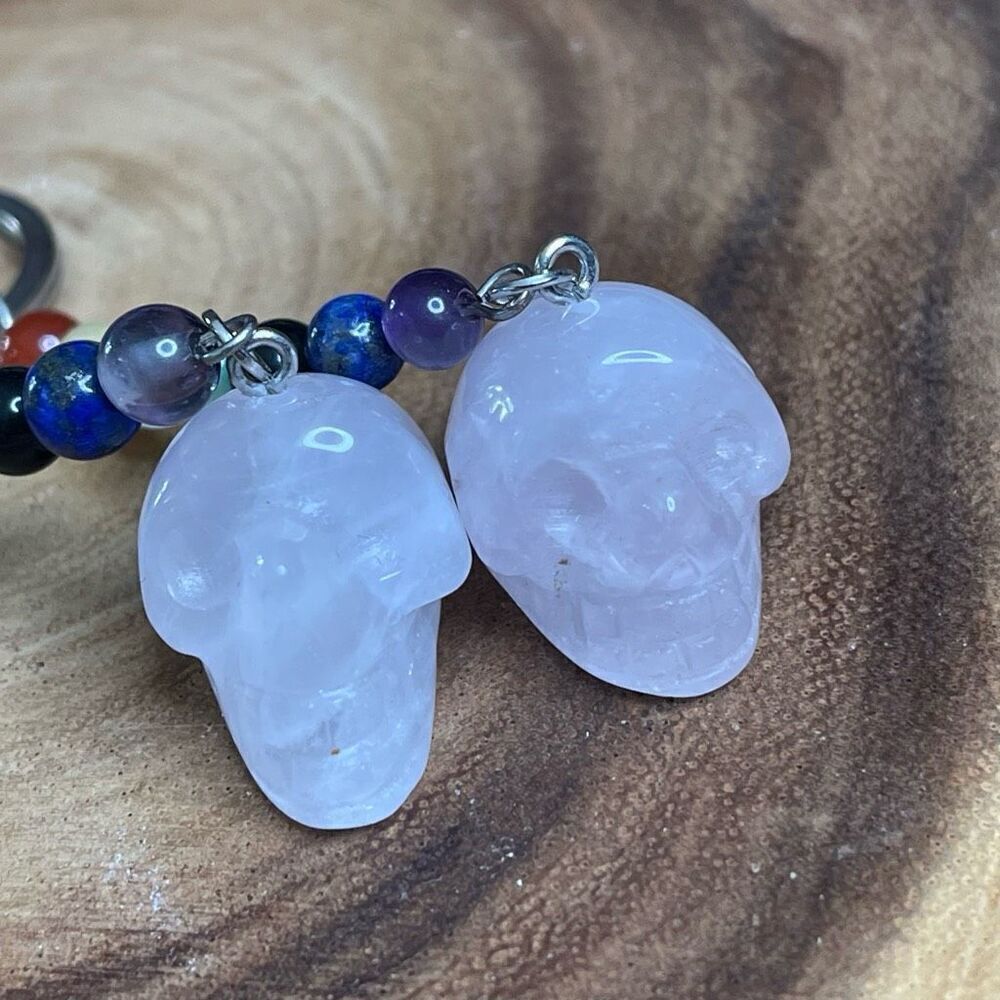 Rose quartz skull carving key chain key ring 7 chakra beads rainbow